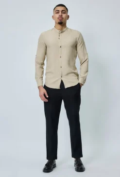 Chemise col mao effet lin