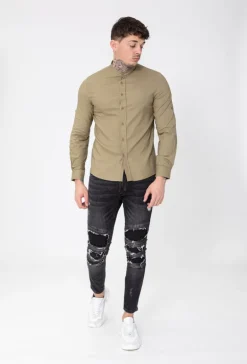 Chemise décontractée lin à col mao