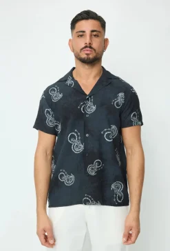 Chemise manches courtes tendance effet lin avec motif