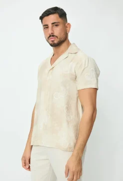 Chemise manches courtes tendance effet lin avec motif