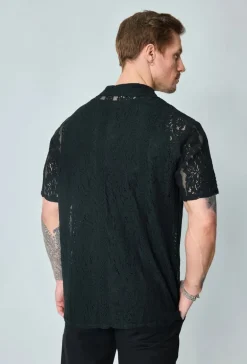 Chemise unie en dentelle manches courtes col à revers