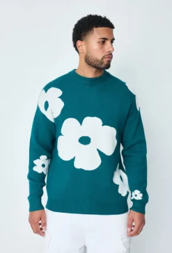 Pull col rond à motif grandes fleures