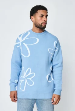 Pull col rond à motif grandes fleures