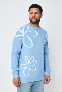 Pull col rond à motif grandes fleures