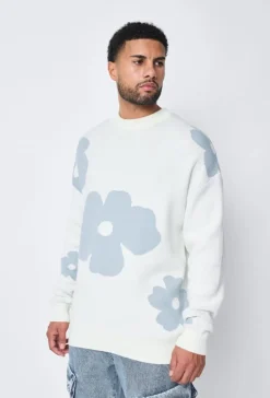 Pull col rond à motif grandes fleures