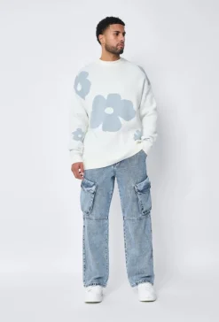 Pull col rond à motif grandes fleures