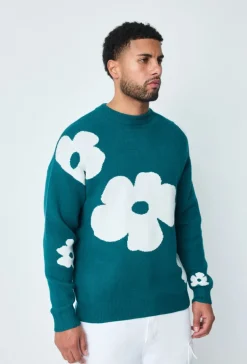 Pull col rond à motif grandes fleures