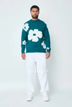 Pull col rond à motif grandes fleures