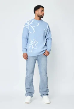 Pull col rond à motif grandes fleures