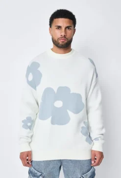 Pull col rond à motif grandes fleures