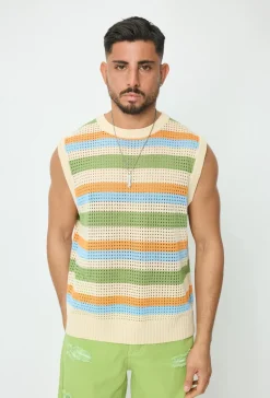 Pull sans manche en maille rayé