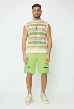 Pull sans manche en maille rayé