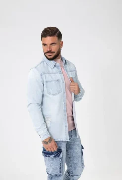 Surchemise jean délavé avec finition usée