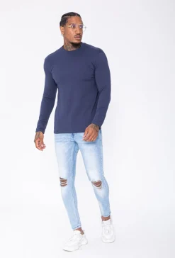 T-shirt manches longues col montant en coton de couleur uni