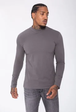 T-shirt manches longues col montant en coton de couleur uni