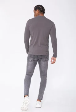 T-shirt manches longues col montant en coton de couleur uni