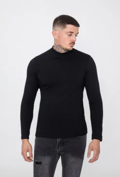T-shirt manches longues col montant en coton de couleur uni