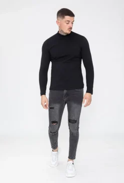 T-shirt manches longues col montant en coton de couleur uni