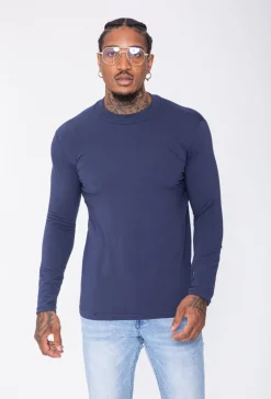 T-shirt manches longues col montant en coton de couleur uni