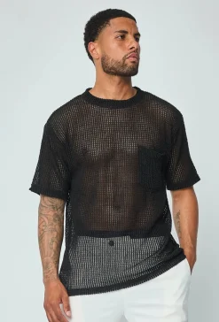 T-shirt uni en maille transparente manches courtes col rond