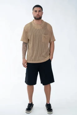 T-shirt uni en maille transparente manches courtes col rond
