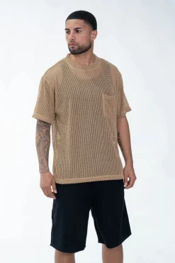 T-shirt uni en maille transparente manches courtes col rond