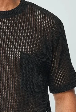 T-shirt uni en maille transparente manches courtes col rond