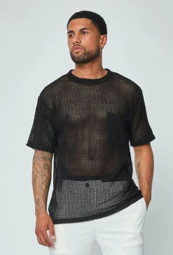 T-shirt uni en maille transparente manches courtes col rond