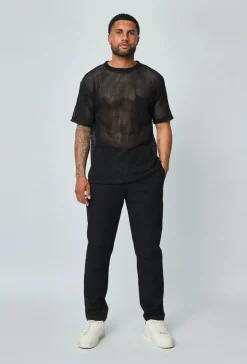 T-shirt uni en maille transparente manches courtes col rond