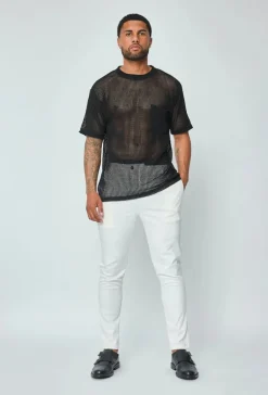 T-shirt uni en maille transparente manches courtes col rond