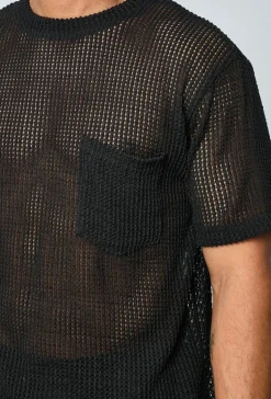 T-shirt uni en maille transparente manches courtes col rond
