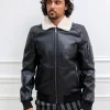Veste bombardier simili cuire avec col moumoute