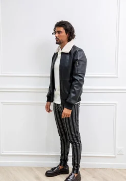Veste bombardier simili cuire avec col moumoute