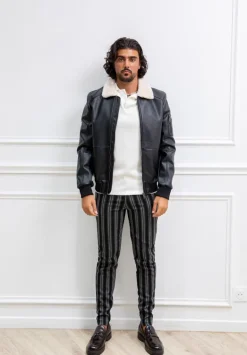 Veste bombardier simili cuire avec col moumoute