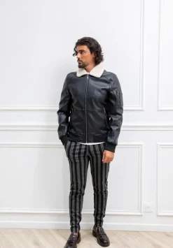 Veste bombardier simili cuire avec col moumoute