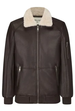 Veste bombardier simili cuire avec col moumoute