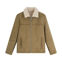 Veste en daim à zip col ouvert en moumoute