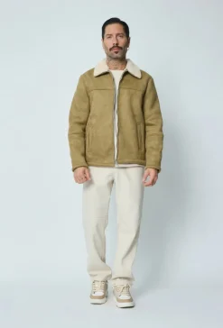 Veste en daim à zip col ouvert en moumoute