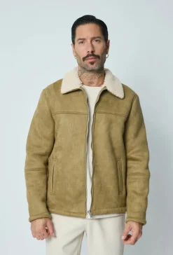 Veste en daim à zip col ouvert en moumoute