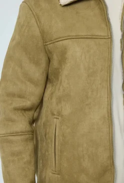Veste en daim à zip col ouvert en moumoute
